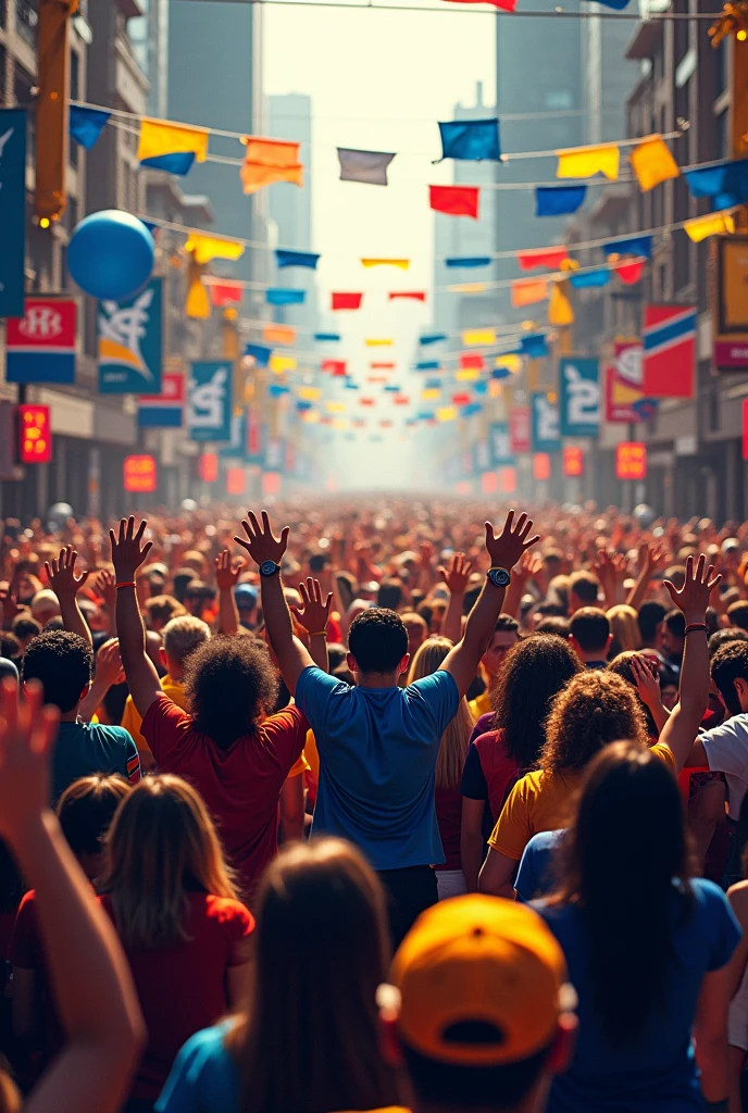 2024 NFL Season Announcement, with uniformed fans pointing upwards on a street colored in festive football-themed colors. written in Portuguese: starts on September 5th.