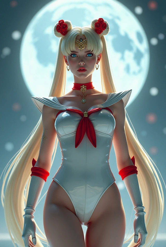 NSFW,table top、full:1.3、stand、8K、。.3d、realistic、super micro photography、highest quality、Wallpapers with extreme details CG Unity 8K、from below、intricate details、(1 female) old、(sailor moon:1.6 Super Bishoujo Senshi sailor moon Mer1、Nether Warm Wind,land、sailor warrior uniform Sailor:1.5、sailor moon:1.5,Eternal sailor moon)、(Incredibly long and bright blonde pigtails:1.4、thin and very long straight twin tail blonde, bun hair、Red round hair ornament for bun hair)、((sailor warrior uniform、sailor color,pray miniskirt:1.5、Glossy pleated mini skirt:1.3、big red ribbon on the chest,,,,,、white long latex gloves,red gloves on the elbows、A gorgeous golden tiara on the forehead、ear nipple rings,Gorgeous Golden Jewels))、Extremely thin and fitted high gloss white holographic leather、High-gloss white latex high-leg swimsuit that shines like oil,(facial details:1.5、bright blue eyes、Beautifull expression、beautidfull eyes、Iris overview, shining eyes、thin lips:1.5、thin and sharp pale eyebrows,、long and thick eyelashes、double eyelashes、thin, thin and muscular,,,、small face、tall and big breasts、perfect proportions、big breasts thin waist、sexy model posing、dynamic pose,visible pores、enchanting smile、perfect hands:1.5、octane rendering、very dramatic picture、(The divinity of the moon,space background、moonlight rays、moon、dynamic background、exquisite light and shadow、dynamic angle、detailed background),strong natural light、sunlight、Digital single-lens reflex camera、sharp focus: 1.0、Maximum clarity and sharpness