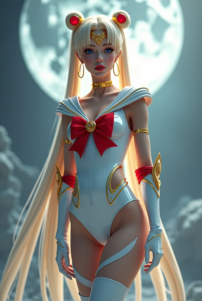 NSFW,table top、full:1.3、stand、8K、。.3d、realistic、super micro photography、highest quality、Wallpapers with extreme details CG Unity 8K、from below、intricate details、(1 female) old、(sailor moon:1.6 Super Bishoujo Senshi sailor moon Mer1、Nether Warm Wind,land、sailor warrior uniform Sailor:1.5、sailor moon:1.5,Eternal sailor moon)、(Incredibly long and bright blonde pigtails:1.4、thin and very long straight twin tail blonde, bun hair、Red round hair ornament for bun hair)、((sailor warrior uniform、sailor color,pray miniskirt:1.5、Glossy pleated mini skirt:1.3、big red ribbon on the chest,,,,,、white long latex gloves,red gloves on the elbows、A gorgeous golden tiara on the forehead、ear nipple rings,Gorgeous Golden Jewels))、Extremely thin and fitted high gloss white holographic leather、High-gloss white latex high-leg swimsuit that shines like oil,(facial details:1.5、bright blue eyes、Beautifull expression、beautidfull eyes、Iris overview, shining eyes、thin lips:1.5、thin and sharp pale eyebrows,、long and thick eyelashes、double eyelashes、thin, thin and muscular,,,、small face、tall and big breasts、perfect proportions、big breasts thin waist、sexy model posing、dynamic pose,visible pores、enchanting smile、perfect hands:1.5、octane rendering、very dramatic picture、(The divinity of the moon,space background、moonlight rays、moon、dynamic background、exquisite light and shadow、dynamic angle、detailed background),strong natural light、sunlight、Digital single-lens reflex camera、sharp focus: 1.0、Maximum clarity and sharpness