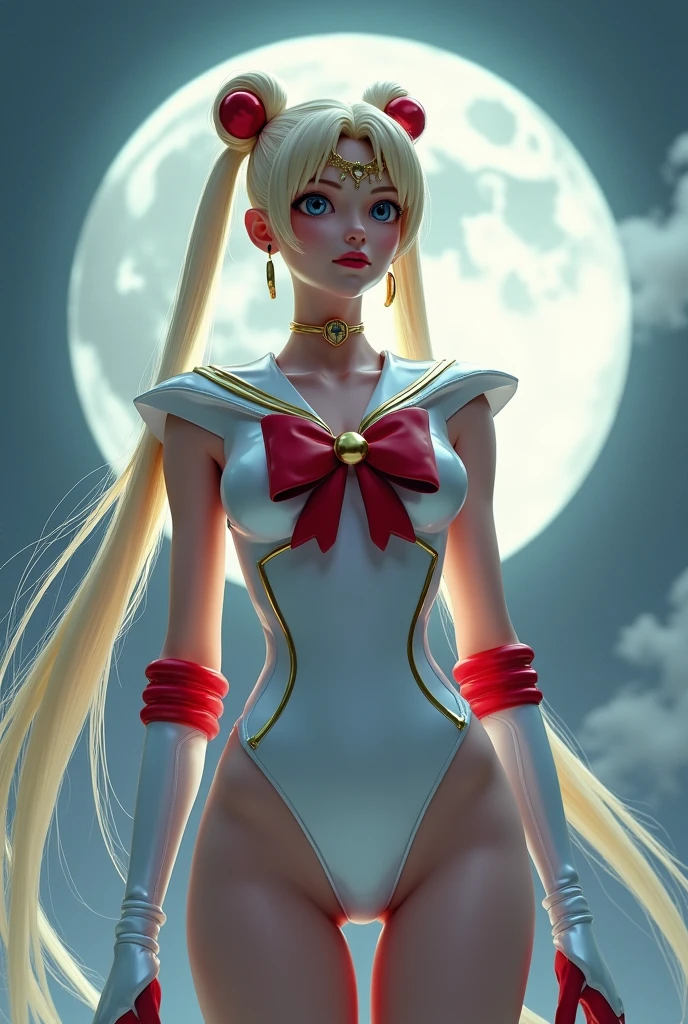 NSFW,table top、full:1.3、stand、8K、。.3d、realistic、super micro photography、highest quality、Wallpapers with extreme details CG Unity 8K、from below、intricate details、(1 female) old、(sailor moon:1.6 Super Bishoujo Senshi sailor moon Mer1、Nether Warm Wind,land、sailor warrior uniform Sailor:1.5、sailor moon:1.5,Eternal sailor moon)、(Incredibly long and bright blonde pigtails:1.4、thin and very long straight twin tail blonde, bun hair、Red round hair ornament for bun hair)、((sailor warrior uniform、sailor color,pray miniskirt:1.5、Glossy pleated mini skirt:1.3、big red ribbon on the chest,,,,,、white long latex gloves,red gloves on the elbows、A gorgeous golden tiara on the forehead、ear nipple rings,Gorgeous Golden Jewels))、Extremely thin and fitted high gloss white holographic leather、High-gloss white latex high-leg swimsuit that shines like oil,(facial details:1.5、bright blue eyes、Beautifull expression、beautidfull eyes、Iris overview, shining eyes、thin lips:1.5、thin and sharp pale eyebrows,、long and thick eyelashes、double eyelashes、thin, thin and muscular,,,、small face、tall and big breasts、perfect proportions、big breasts thin waist、sexy model posing、dynamic pose,visible pores、enchanting smile、perfect hands:1.5、octane rendering、very dramatic picture、(The divinity of the moon,space background、moonlight rays、moon、dynamic background、exquisite light and shadow、dynamic angle、detailed background),strong natural light、sunlight、Digital single-lens reflex camera、sharp focus: 1.0、Maximum clarity and sharpness