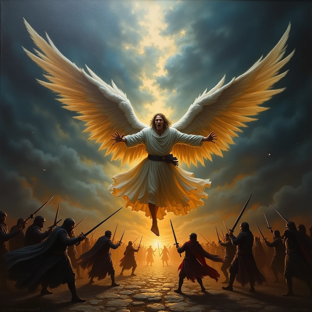 oil, Coming down from the sky, A breathtaking masterpiece, Vivid,  Caravaggio, 8k，Angelic，A large number of people，fallen Angel，Duel Night Battle Angel vs. Many Humans，9 people