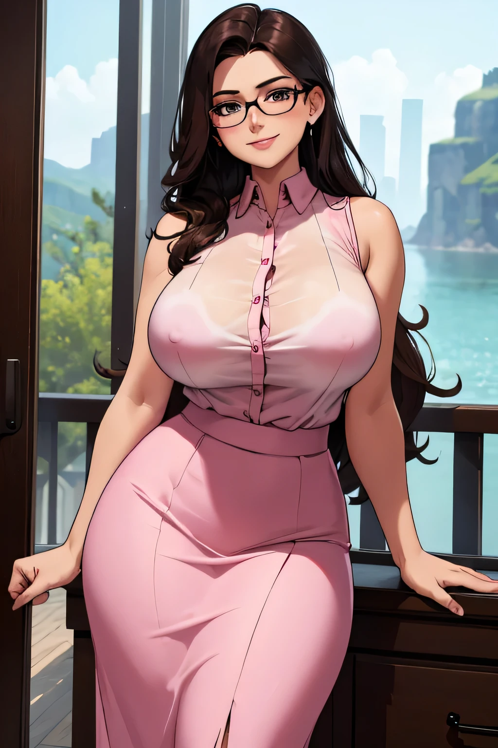 absurdres, high res, ultrasharp, 8K, masterpiece, 1girl, long hair, sensual look, sultry smile, dark brown hair, curvy huge breasts, glasses, secretary outfit, big , sleeveless buttoned-up pink blouse, formal look, beige
Long skirt, see through, no sleeves or cuffs on pink blouse, standing up straight
