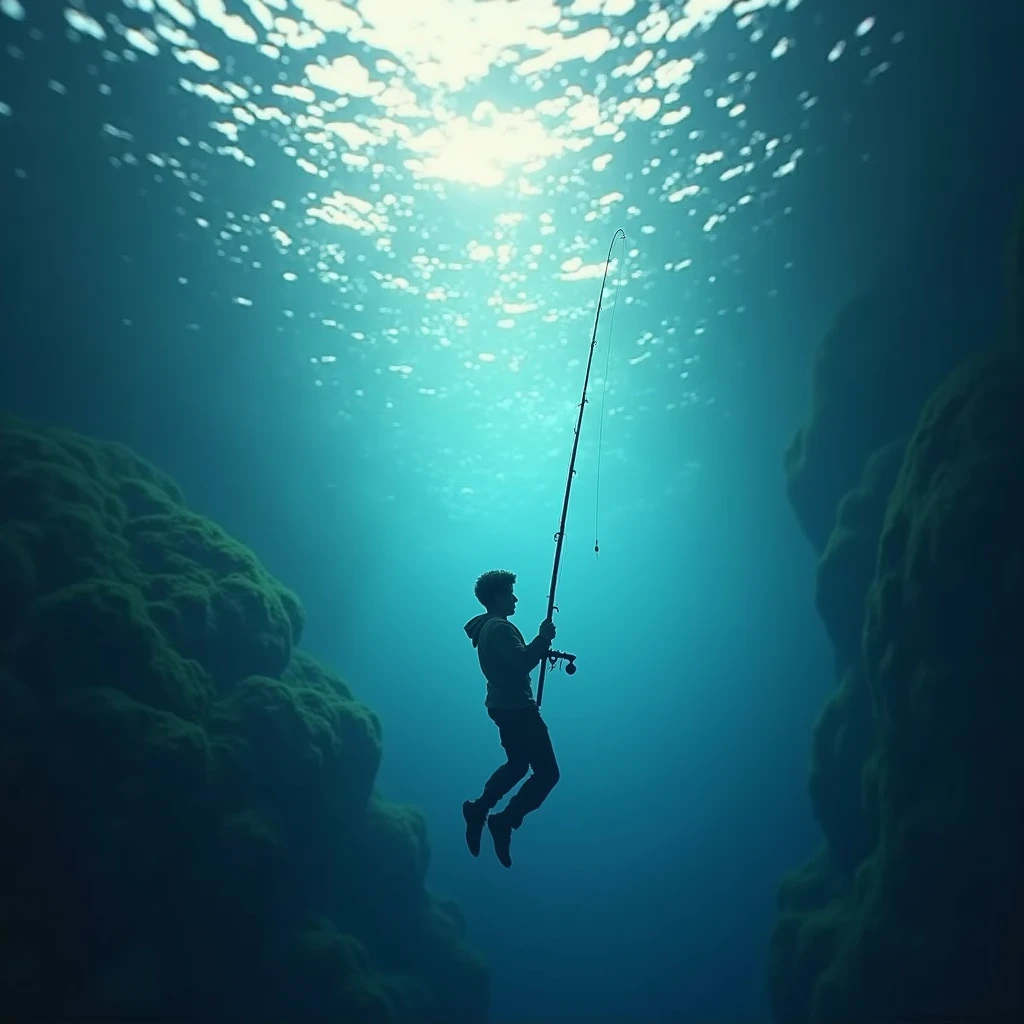 Looking up from under water, the surface of the water looking up is shaking, fishing,