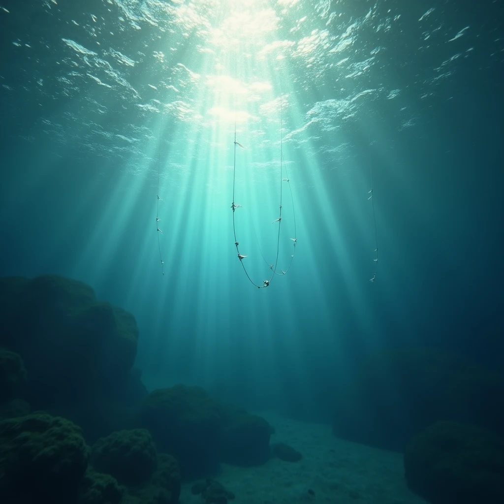 Looking up from under water, the surface of the water looking up is shaking, fishing,