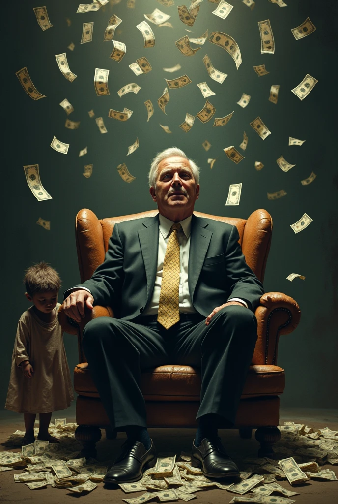 Create an image of a politician sitting under a shower of dollars while a poor is seen in the distance with his head down.