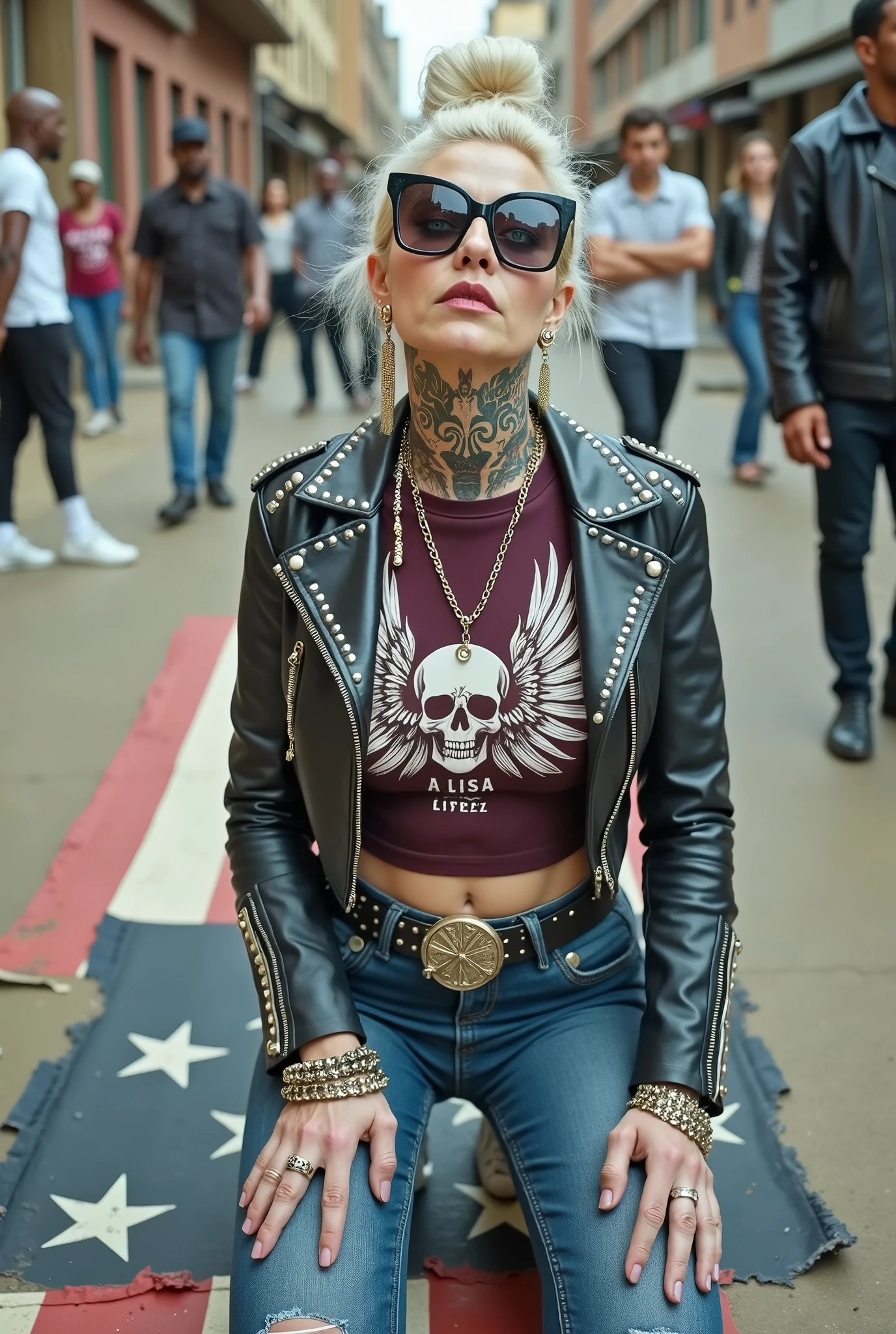 russian old milf woman, , blonde platinum hair (beehive bun) and oversized square sunglasses as headband), with very light green eyes, extremely pale. Wearing studded, padded shoulders,  cropped black moto jacket (zippers on the side. dark burgundy push up t-shirt with skull and wings logo and gothic lettering,, dark skinny low rise blue jeans with holes on knees .White tennis sneakers. Lots of thick wide studded  bracelets, chain collars and big rings. Tacky wide studded leather belt, with big skull and bones round buckle. Long earrings with chains. Kneeling on a large ragged usa flag, looking at the photographer. Craving, sensual face. Hands on knees. Looking at the camera, Toned abdominals, thin neck, slim legs and thin arms. Neck, chest, belly, hands and arms completely tattoed. Street of Nairobi, crowded with standing people