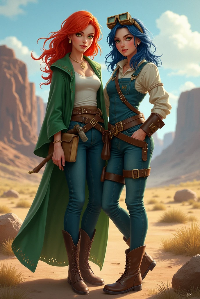 She is woman standing around 1.70 meters tall. She has a dark blue hair, blue eyes, and wears welding goggles on her head. Her skin is fair, and she dresses in a jumpsuit over a shirt and pants, with iron boots. She carries tools in the pockets of her jumpsuit. The character should be styled in a fantasy RPG art style and set in the Old West. i would like her in a more mature way.
She is a mature woman, standing at 1.70 meters tall, with fluorescent red hair that emits a natural glow. She has a beautiful face, green eyes, and a warm, tan complexion. An American by origin, she wears a green mage's robe, along with pants and boots. She carries a small pouch and a book. She has a deep connection with creatures and animals, making her their close friend. The character should be styled in a fantasy RPG art style and set in the Old West.
I would like them tw in the same image together like friends, in a fantasy rpg style in old west in a mre mature style