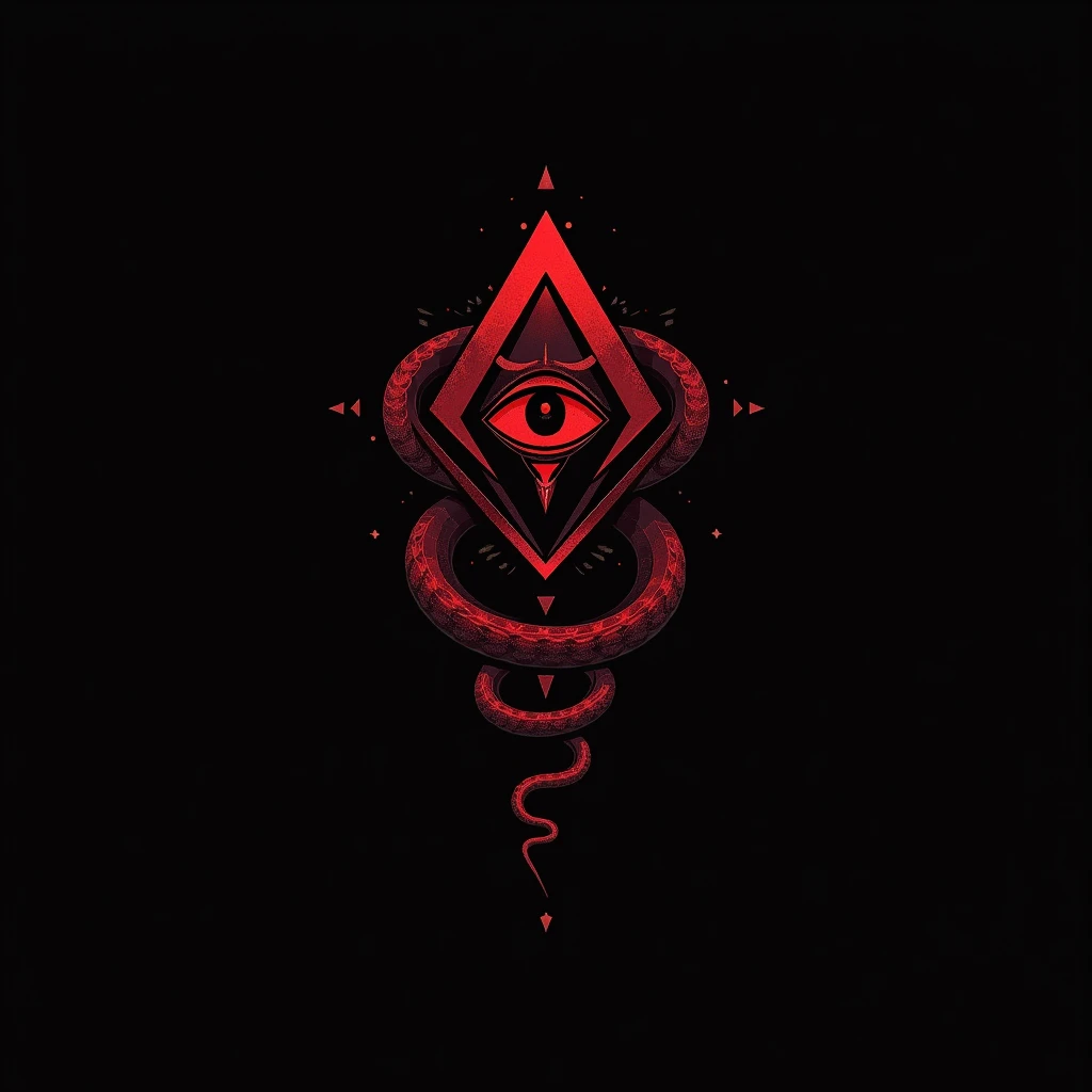 Logo, a pyramid with an eye in the center and a snake with a head coiled around it, , use black and red colors