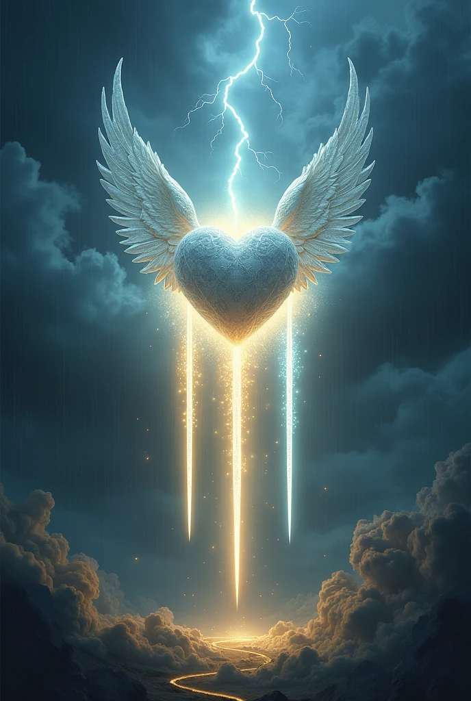 Create a hyperrealistic, breathtaking image for the 'Three of Lights' card in the Lumen Angelis Tarot deck, directly inspired by the traditional Rider-Waite Three of Swords. At the center of the card, a large, intricately detailed heart hovers in mid-air, glowing with a soft, ethereal light. The heart appears almost translucent, as if crafted from a divine material, with delicate veins and a shimmering surface that reflects the light.

Three radiant beams of light, resembling swords, pierce the heart from different angles. These beams are not merely lines of light but appear as solid, almost crystalline structures, with sharp edges and a radiant core that pulses with energy. Each beam of light is so detailed that you can see the faint patterns of celestial symbols along their surfaces, and they glow with varying intensities—one with a golden hue, another with silver, and the third with a deep, otherworldly blue.

The background is a stormy sky, with dark, swirling clouds that add drama and intensity to the scene. Lightning cracks through the clouds, illuminating the heart and the beams of light in bursts of brilliance. Raindrops fall gently from the sky, but instead of water, they appear as tiny, glowing orbs of light, scattering as they touch the ground.

The overall scene should be emotionally evocative, capturing the deep sorrow and the piercing pain symbolized by the original Three of Swords, but with a celestial, angelic twist that aligns with the theme of the Lumen Angelis deck. The heart and the beams of light should be the focal points, rendered with such detail and realism that they seem almost tangible, creating a sense of awe and reverence.