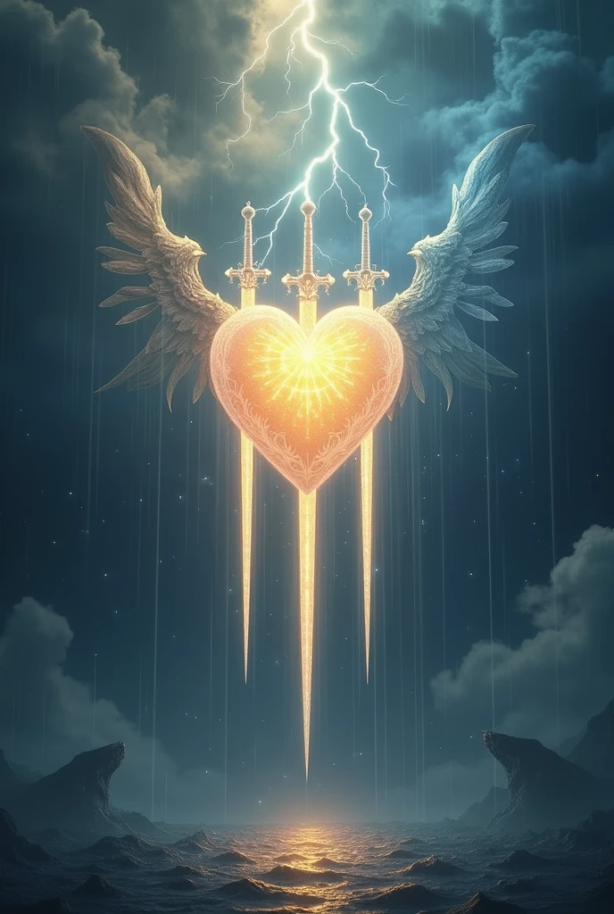 Create a hyperrealistic, breathtaking image for the 'Three of Lights' card in the Lumen Angelis Tarot deck, directly inspired by the traditional Rider-Waite Three of Swords. At the center of the card, a large, intricately detailed heart hovers in mid-air, glowing with a soft, ethereal light. The heart appears almost translucent, as if crafted from a divine material, with delicate veins and a shimmering surface that reflects the light.

Three radiant beams of light, resembling swords, pierce the heart from different angles. These beams are not merely lines of light but appear as solid, almost crystalline structures, with sharp edges and a radiant core that pulses with energy. Each beam of light is so detailed that you can see the faint patterns of celestial symbols along their surfaces, and they glow with varying intensities—one with a golden hue, another with silver, and the third with a deep, otherworldly blue.

The background is a stormy sky, with dark, swirling clouds that add drama and intensity to the scene. Lightning cracks through the clouds, illuminating the heart and the beams of light in bursts of brilliance. Raindrops fall gently from the sky, but instead of water, they appear as tiny, glowing orbs of light, scattering as they touch the ground.

The overall scene should be emotionally evocative, capturing the deep sorrow and the piercing pain symbolized by the original Three of Swords, but with a celestial, angelic twist that aligns with the theme of the Lumen Angelis deck. The heart and the beams of light should be the focal points, rendered with such detail and realism that they seem almost tangible, creating a sense of awe and reverence.