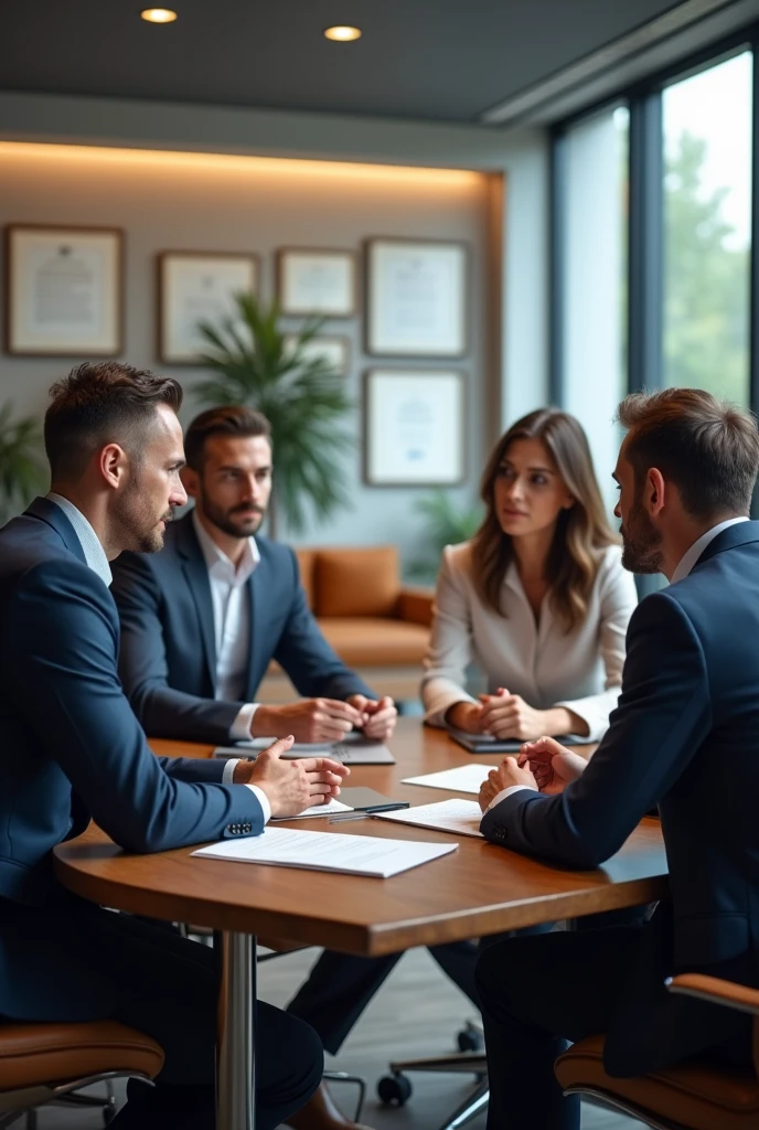  Office of a company. There is a meeting table with chairs around it. Two men and two women discuss a business project

