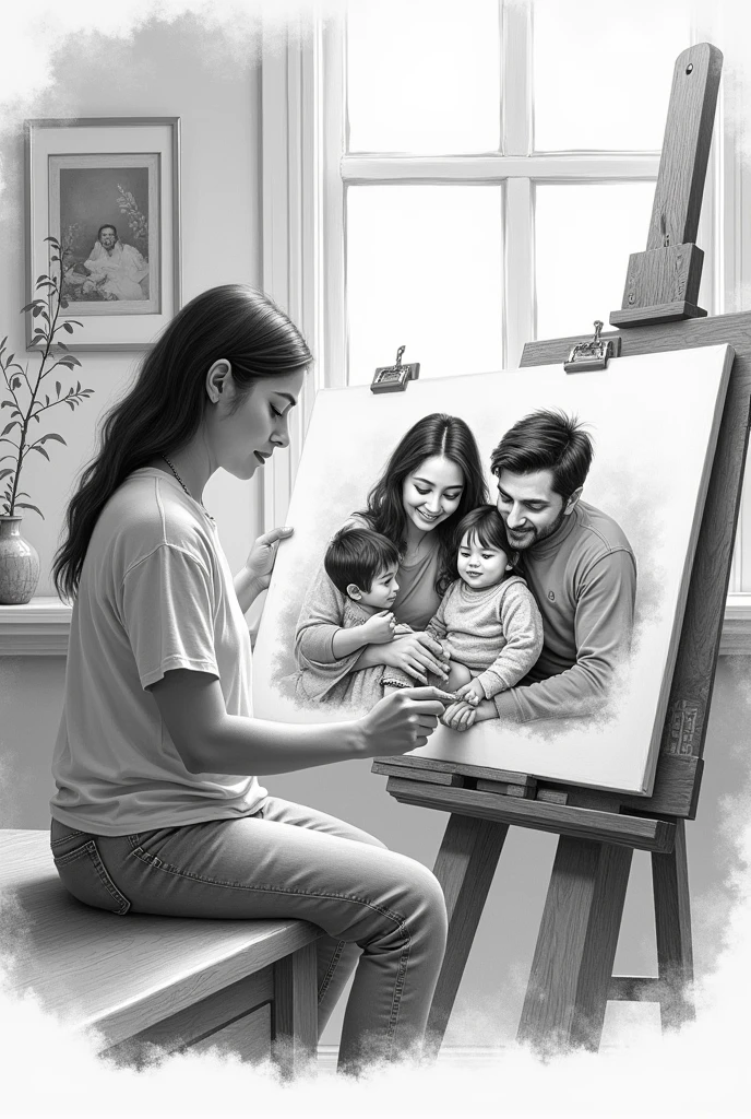 Man artist drawing his family. realistic drawing. black andwhite 