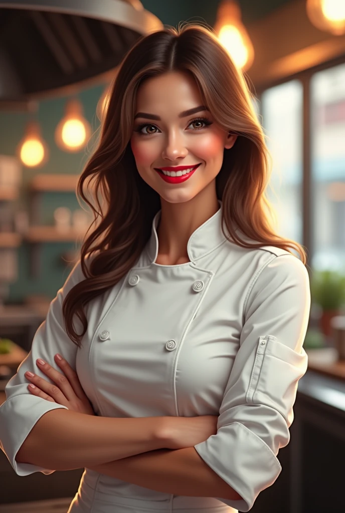 Woman chef brown hair smiling red painted smile straight hair