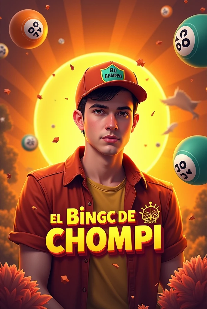I need an Instagram post promoting a virtual bingo called “El bingo del Chompi” with orange colors, yellow and brown The owner of the bingo is a young man with a cap