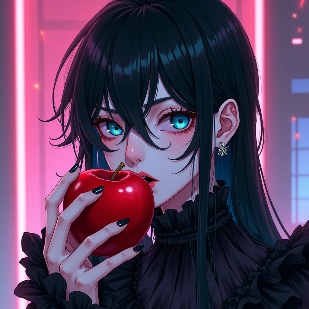 sexy, young male, with black long hair, teal blue eyes, delicate facial features, and pale and white skin. frilly Gothic clothes. anime style. blood. his eyes look soulless. eating a red apple. (Cyberpunk) (pink and purple shading) male. (Neon highlights) 