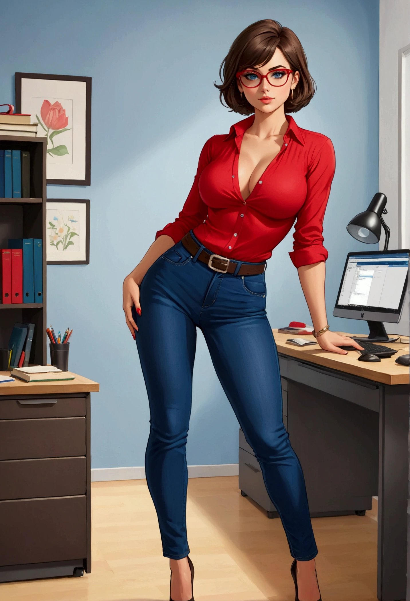 20 years old woman, Short brown hair, Méditerranéenne aux blue eye, Generous and heavy breasts, slender waist, estomac defini, fesses rebondies et pulpeuses, naturally curved, muscular thighs, aguicheuse, dans le bureau , in jeans and red blouse, lunettes, neckleace, earrings, plunging neckline, blue eye, heels 