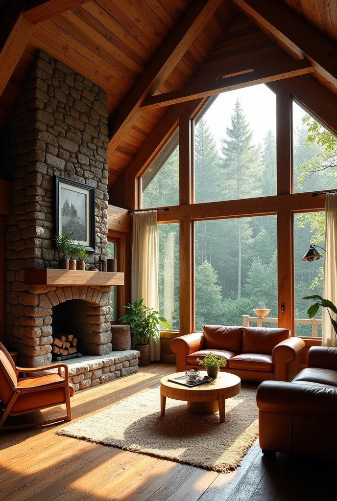 Imagine a spacious room inside a rustic cabin. The walls are clad in warm wood, with exposed beams on the ceiling, giving it a cozy and natural feel. Upon entering, the first thing that stands out are the huge windows that take up almost an entire wall, offering a panoramic view of a dense forest outside. Sunlight floods the room during the day, creating a bright and relaxing atmosphere.
In the center of the room, there is a stone fireplace that adds warmth on cold nights, with a large woven rug spread out in front of it, surrounded by comfortable sofas and armchairs made of aged leather. To one side, a sturdy wooden table, perfect for family gatherings or enjoying a good book. The windows are framed by light linen curtains, which move gently in the breeze, and the floor is covered in dark wooden planks that creak slightly when you walk.