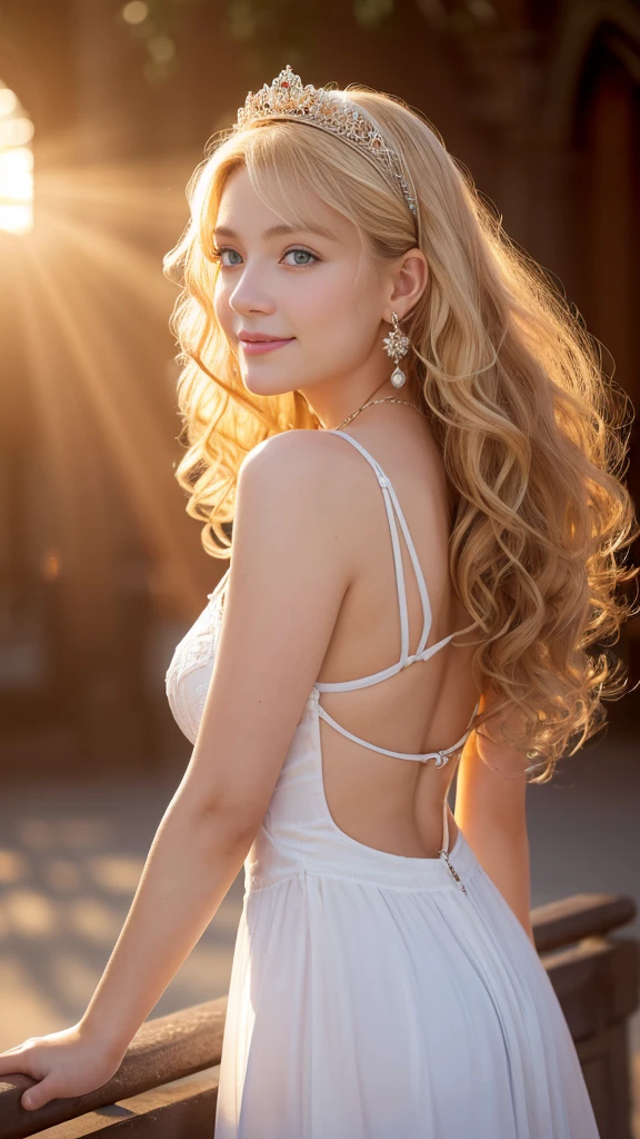 ((RAW shooting:1.5, Realistic:1.5, 8k, Highest quality, masterpiece, Ultra-high resolution)), Inside the luxurious British royal palace, Professional camera work:1.3, Very detailed肌と顔の質感:1.3, Glowing light effect, Very detailed:1.3, Cute 18-year-old British princess, Fair skin, Glowing Skin, (elegant:1.4, Small face), Extremely cute face:1.5, (Cute Blue Eyes:0.9, Looking into the distance), smile:1.0, (Open your mouth a little:0.4, Cute mouth:0.7), double eyelid, ((Very long white blonde curly hair)), tiara, Necklaces and earrings, ((elegantで品のあるタイトなドレスをオフショルダーで正しく着こなす方法)), Big Breasts, Cowboy Shot, ((sunrise, Sunlight shining from behind:1.6, Strong sunlight fills the screen:1.6)), ((Strong sunlight shines on the woman:1.7))