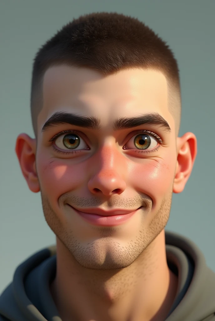 White guy, with short hair almost like a buzzcut, with big hazel-colored eyes, between green and brown, oval face, with bushy eyebrows and a sharp nose, with thick lips and a smile