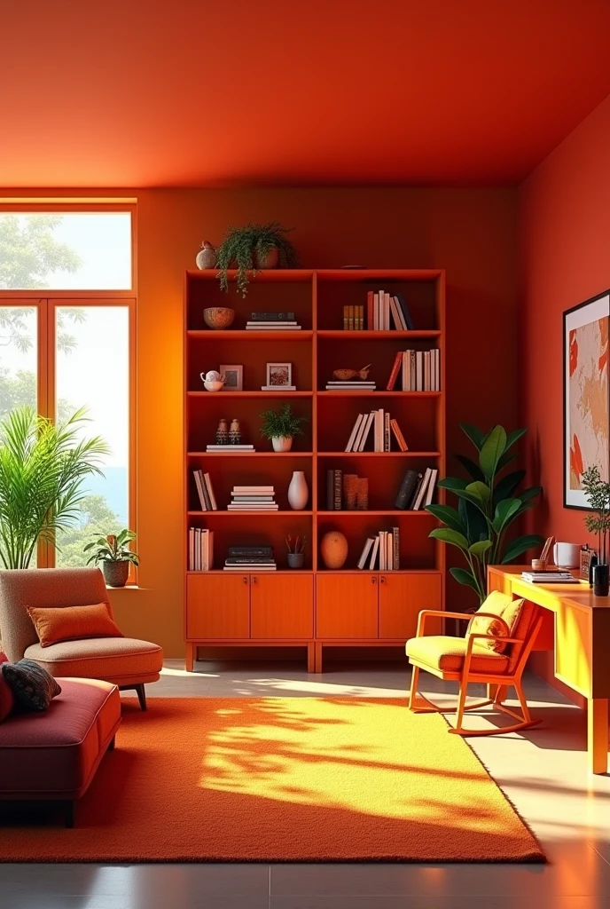 Decoration in Fire colors. Interior design. Living room bookcase desk detached from the wall armchair light plants sun