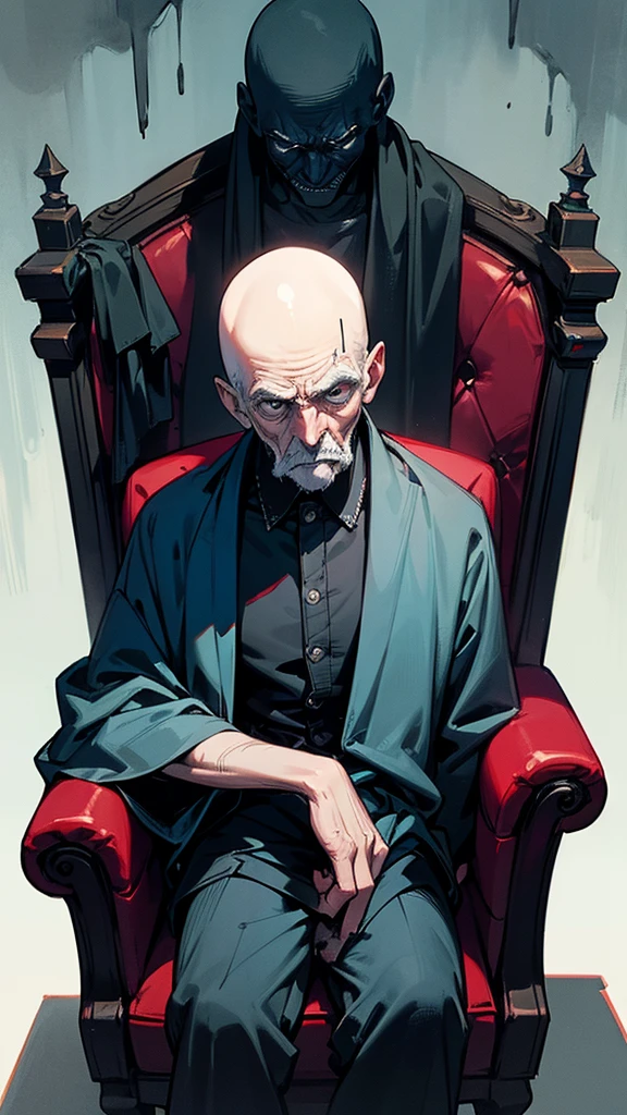 For the cover of Volume 2, focusing on the elderly man who attacks the protagonist, here is a possible design: The old man is sitting in a worn, crimson armchair in a dimly lit room. The chair's upholstery is worn and faded, with visible stitches and patches. This suggests a feeling of age, neglect and isolation. The old man himself is portrayed with a stern, almost cruel expression. His bald head is slick with sweat, and a few strands of gray hair stick to the sides of his face. His eyes, a light blue, shine with an unsettling intensity. He is dressed in a pair of baggy, stained boxer briefs that hang low on his thin body. In his hands, he clutches the protagonist's discarded and soaked blue panties, holding them up for display. The fabric sticks to your fingers, leaving a wet stain. This act of possession and humiliation emphasizes his distorted power over others. The background is a dark, cloudy blue, evoking a sense of foreboding and unknown. Shadows cast by dim lighting create a spooky, otherworldly atmosphere, suggesting this is a place where society's rules no longer apply. The title of Volume 2 could be written in a bold, ominous font at the top of the cover, perhaps in a darker shade of blue than the background.