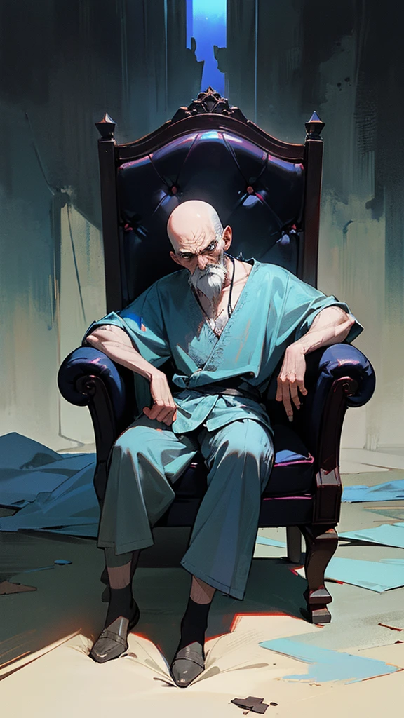 For the cover of Volume 2, focusing on the elderly man who attacks the protagonist, here is a possible design: The old man is sitting in a worn, crimson armchair in a dimly lit room. The chair's upholstery is worn and faded, with visible stitches and patches. This suggests a feeling of age, neglect and isolation. The old man himself is portrayed with a stern, almost cruel expression. His bald head is slick with sweat, and a few strands of gray hair stick to the sides of his face. His eyes, a light blue, shine with an unsettling intensity. He is dressed in a pair of baggy, stained boxer briefs that hang low on his thin body. In his hands, he clutches the protagonist's discarded and soaked blue panties, holding them up for display. The fabric sticks to your fingers, leaving a wet stain. This act of possession and humiliation emphasizes his distorted power over others. The background is a dark, cloudy blue, evoking a sense of foreboding and unknown. Shadows cast by dim lighting create a spooky, otherworldly atmosphere, suggesting this is a place where society's rules no longer apply. The title of Volume 2 could be written in a bold, ominous font at the top of the cover, perhaps in a darker shade of blue than the background.