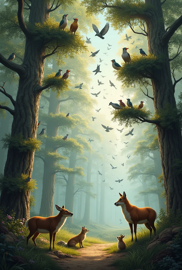 Trees with thousands of birds perched on them and animals looking at the birds