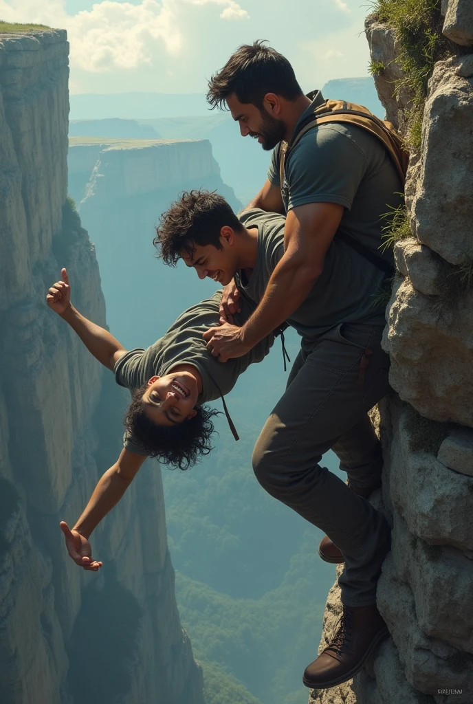 A father who is holding on to something solid with one hand and the other hand holding the hand of his son who is falling off the cliff, but their faces show concern, pain, tears