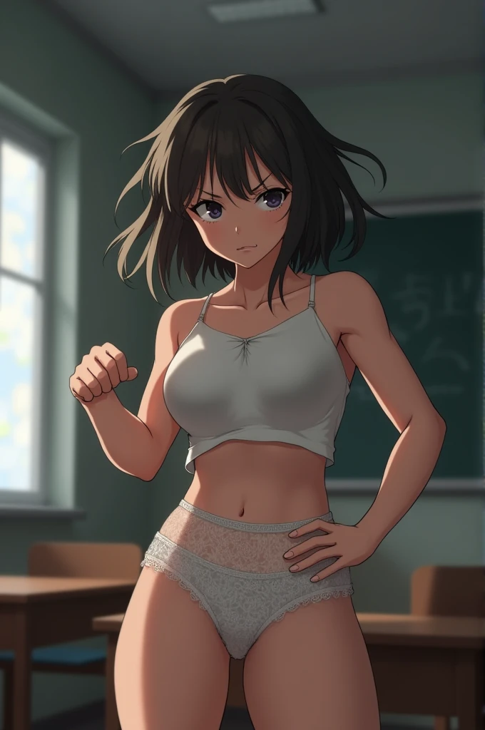 A girl of about dominates a classmate who is wearing women's panties