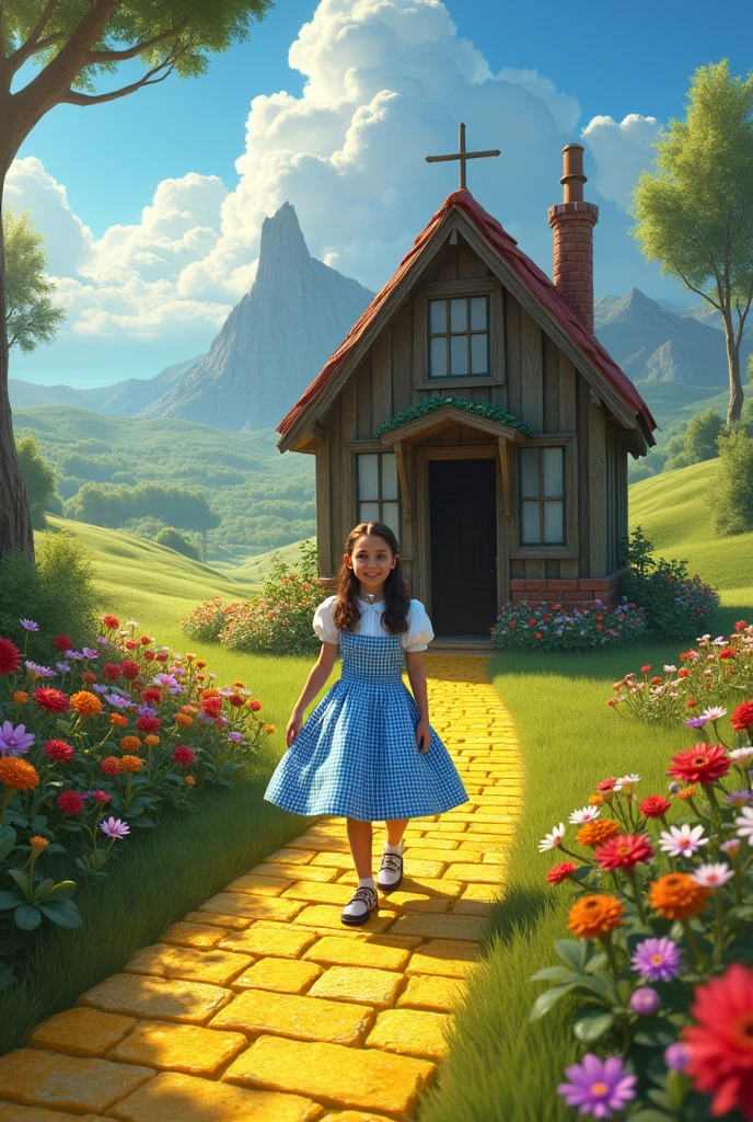 Dorothy Gale, stepping out of her tiny house, after landing in thd Land of Oz, after the farmhouse was carried by a tornado