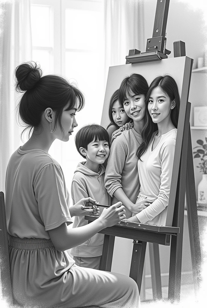 Man artist drawing his family. realistic drawing. black andwhite