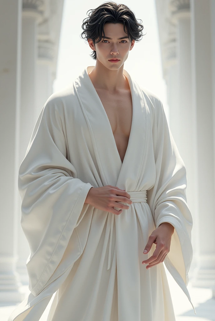A young man in a white robe, White skin, wavy black hair, of small stature and full body with the face of a god and a slightly more muscular body