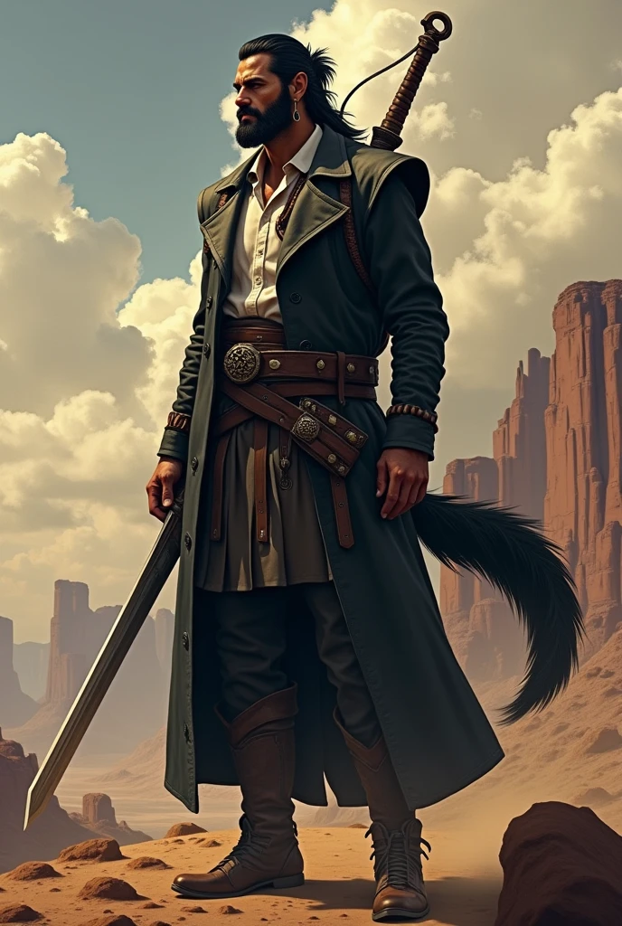 He is a tall indigenous man, 2 meters tall, with a square face and short dark hair and a beardless face with a smooth face. His eyes are wolf-like and one of them is closed with pointy ears with earrings. He wears a dark black overcoat with a white shirt underneath in the style of formal wear and has a strong physique and a wolf's tail. A large sword is strapped to his back. I would like the art in a fantasy RPG style. In the Old West