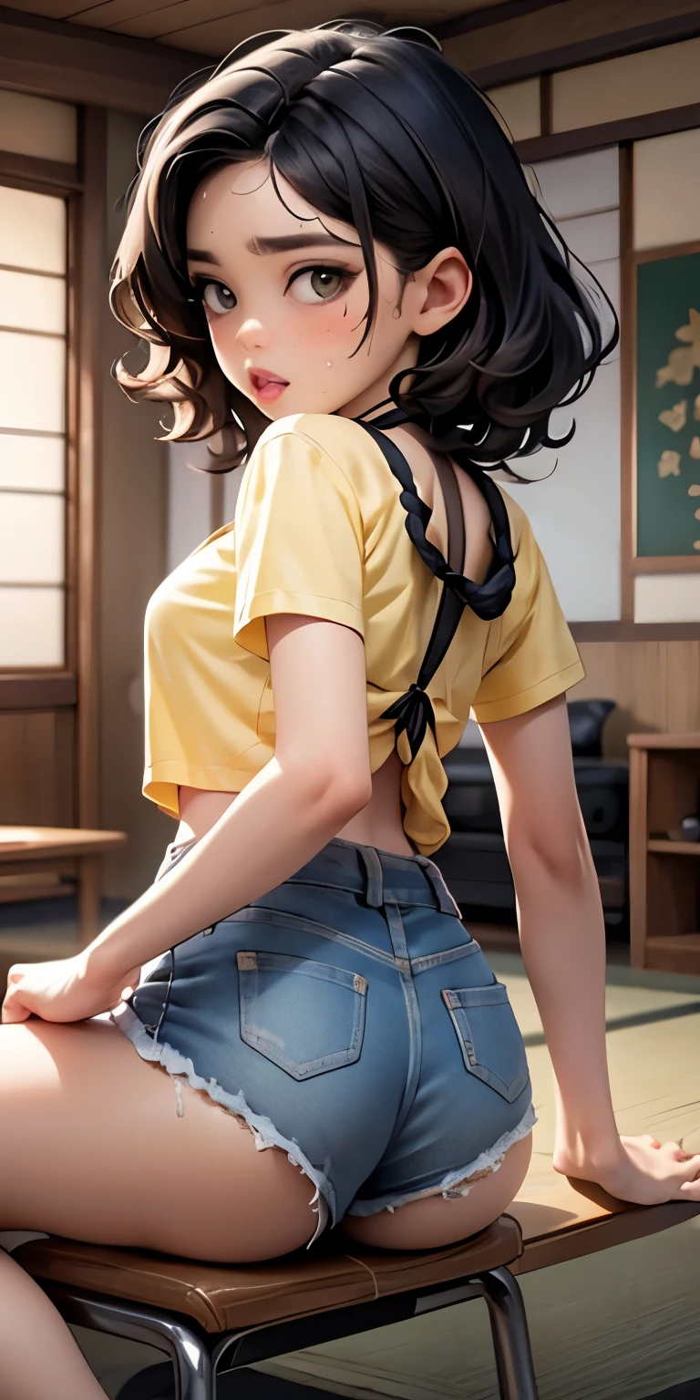 Mouth wide open and orgasmic face、See-through、Tatami Japanese room、White shorts(Backwards posture with emphasis on buttocks, riding position)Realistic Face、Sweaty、(8-year-old)、(((black braid hair、)))Tomboy.Emphasis on breast valley((Wearing Lemon yellow t-shirt.Wearing denim shorts))、((Wearing a red camisole))、Sexy posing、Moisturizing pink lips