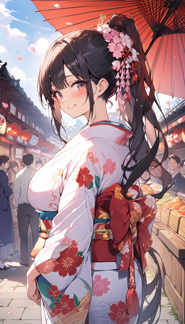 One Woman、beautiful girl、evening、kimono、Beautiful patterned kimono、ponytail、Waraji、School、Back of the school building、spring、cherry blossoms々、はためくcherry blossomsの花びら、Long Hair、Highest quality、Ultra HD、Black Hair、smile、8 heads、White tabi socks、Japanese Umbrella、smile、Cowboy Shot、festival、Many food stalls、Beautiful views、Big Breasts