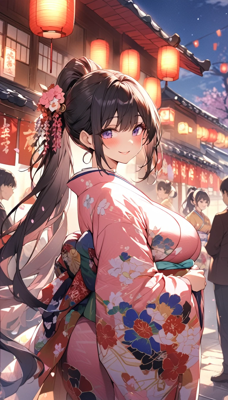 One Woman、beautiful girl、evening、kimono、Beautiful patterned kimono、ponytail、Waraji、School、Back of the school building、spring、cherry blossoms々、はためくcherry blossomsの花びら、Long Hair、Highest quality、Ultra HD、Black Hair、smile、8 heads、White tabi socks、Japanese Umbrella、smile、Cowboy Shot、festival、Many food stalls、Beautiful views、Big Breasts
