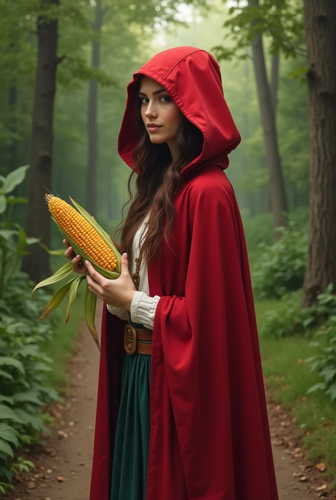 A young lady like Little Red Riding Hood without seeing her face and with a corncob in her hand 