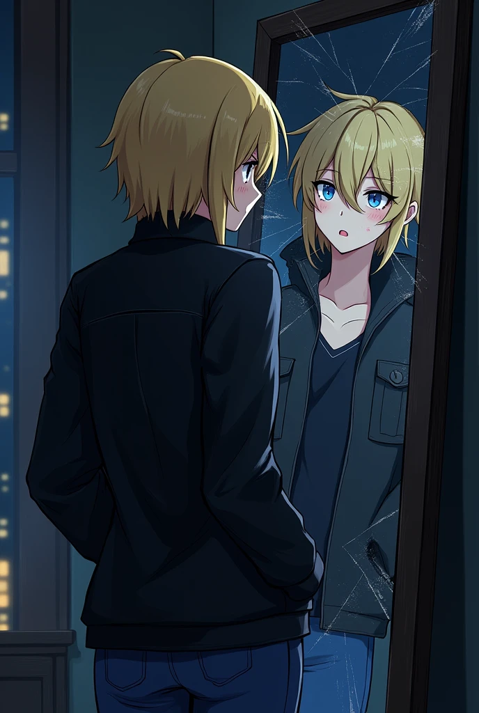 a character for youtube, naughty man , suru , blond hair falling over her face and blue eyes, madrake style.  I have bruises on my face. He is staring at the mirror which is broken, wearing a black jacket and blue jeans. In the background, a dark room with a small city lit up at night..
