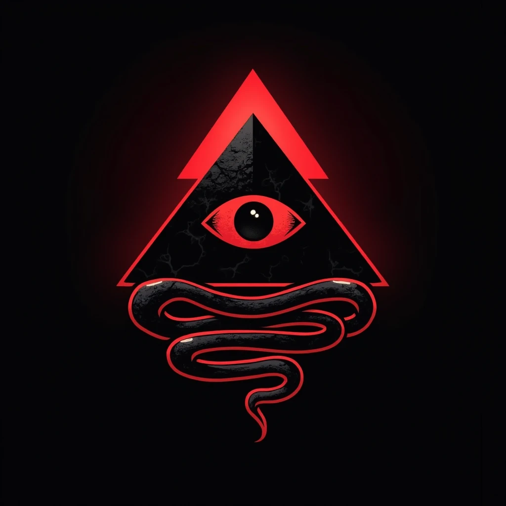 Logo, a pyramid with an eye in the center and a snake with a head coiled around it, , use black and red colors