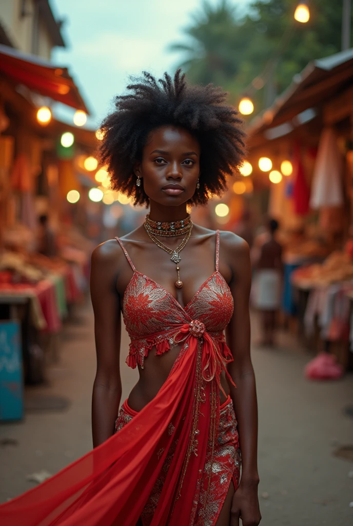 Here’s a creative and unusual description that contrasts the woman’s beauty with an unexpected setting:
"An enchanting photograph captures a woman in a flowing, iridescent gown standing amidst a whimsical, bustling street market at dusk. Her red bikini peeks through the delicately layered fabric, hinting at summer's embrace, while her radiant skin glows against the backdrop of vibrant stalls filled with colorful spices, handwoven textiles, and glistening trinkets. The chaos of merchants and the aroma of exotic foods swirl around her like a vibrant painting, yet she remains a serene focal point, exuding effortless elegance.
Her Afro hair, adorned with tiny sparkling beads, dances in the warm evening breeze, reflecting the twinkling lights strung overhead. As she holds a basket overflowing with fragrant herbs, her perfect eyes engage playfully with a mischievous street artist painting a mural nearby. The mural illustrates fantastical creatures, mirroring her own larger-than-life beauty. (Dramatic evening lighting, soft focus on the background), 160-color support, filmed on ARRI ALEXA 65, enhancing the contrast between her ethereal beauty and the raw vibrance of urban life. Captured by Don McCullin, this image portrays a harmony between the model’s striking features—echoing those of Angelina Jolie—and the lively spirit of the market, creating a captivating juxtaposition of elegance and everyday chaos."
beauty, model, elegance, glamour, fashion, stunning, radiant, whimsical, vibrant, enchanting, striking, ethereal, playful, artistic, sophisticated, lively, unique, juxtaposition, cultural richness, urban beauty, personality, portrait, beauty photography, professional model, street art, market scene.