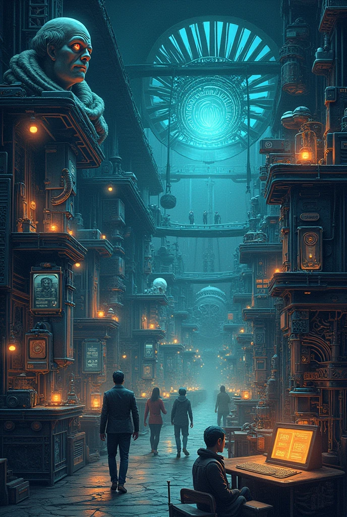 "Create a detailed image representing the evolution of Artificial Intelligence. The scene should depict a timeline that spans from early theoretical concepts and mechanical automata in ancient times, through key historical figures like Alan Turing and John McCarthy in the mid-20th century, to modern-day AI advancements like deep learning and cloud computing. The timeline should flow from left to right, starting with symbolic representations of early machines and philosophical ideas, moving to a central section with 20th-century computers and pioneers, and ending with a depiction of current AI technology such as neural networks, data streams, and digital interfaces. The overall aesthetic should combine elements of historical and futuristic design, showing the progress of AI as a continuous journey through time."