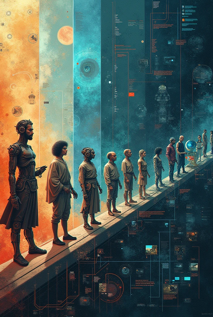 "Create a detailed image representing the evolution of Artificial Intelligence. The scene should depict a timeline that spans from early theoretical concepts and mechanical automata in ancient times, through key historical figures like Alan Turing and John McCarthy in the mid-20th century, to modern-day AI advancements like deep learning and cloud computing. The timeline should flow from left to right, starting with symbolic representations of early machines and philosophical ideas, moving to a central section with 20th-century computers and pioneers, and ending with a depiction of current AI technology such as neural networks, data streams, and digital interfaces. The overall aesthetic should combine elements of historical and futuristic design, showing the progress of AI as a continuous journey through time."