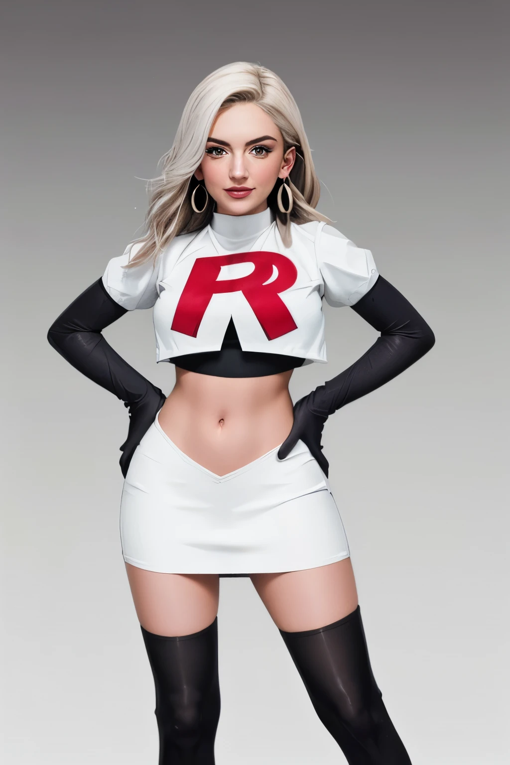 The face of Julia Michaels, 1girl, solo, team rocket,team rocket uniform,white skirt,red letter R,crop top,black thigh-highs,black elbow gloves, earrings, large breasts,