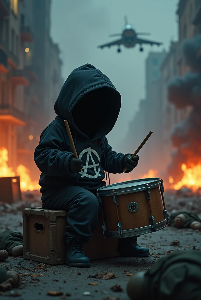 Little fat drummer playing hoodie dressed in black clothes printed with anarchy symbol, hidden face, down the street of the war torn city at night, fire and smoke, warplanes crossing the sky, bodies of soldiers lying in front of the ground