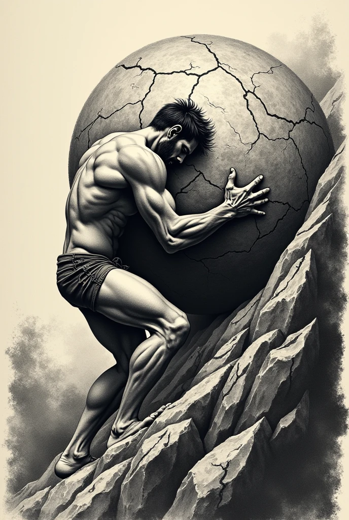 A trash polka style tattoo that is representative of the myth of Sisyphus