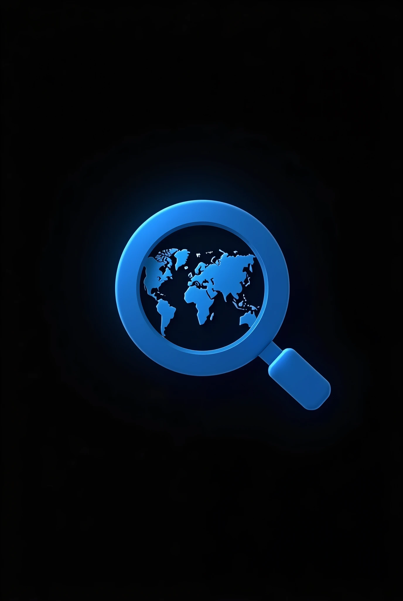 Create a logo in 4K, black backdrop, blue logo, magnifying glass, Geographical Map.