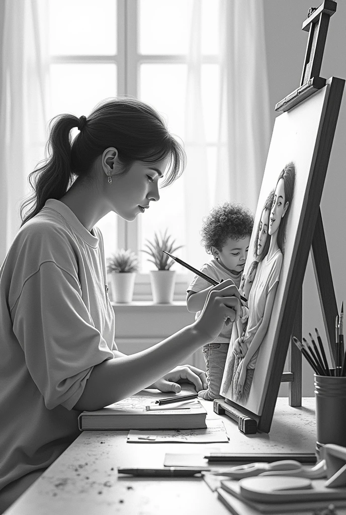 Man artist drawing his family. realistic drawing. black andwhite 