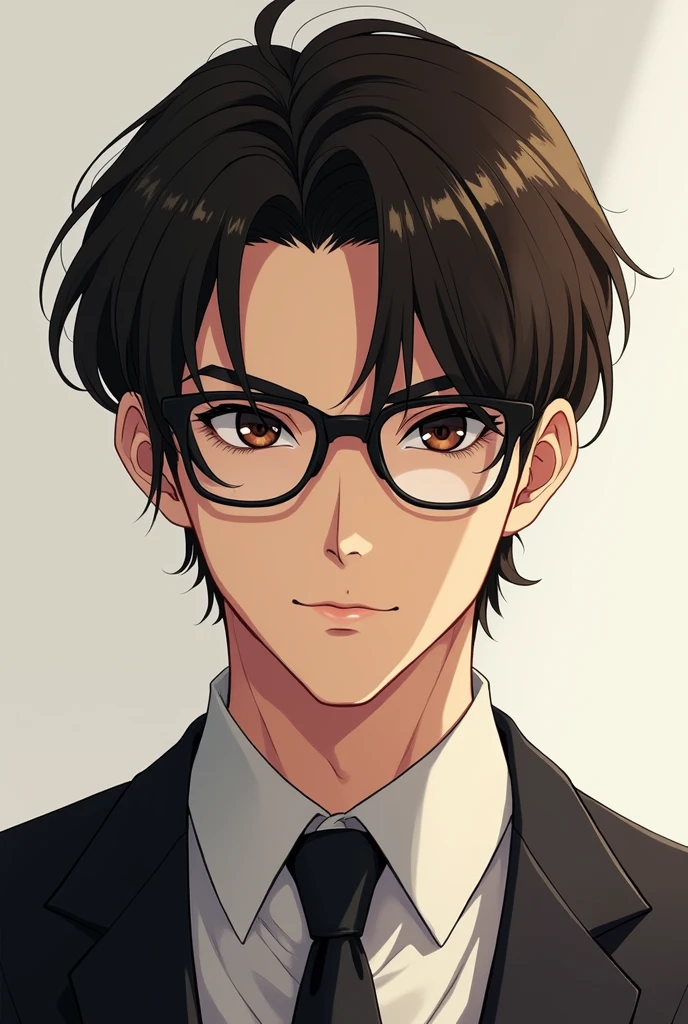 I want a handsome anime man with thick eyebrows and Pantos glasses and a full mouth with short hair looking forward and smiling mysteriously with dark brown eyes