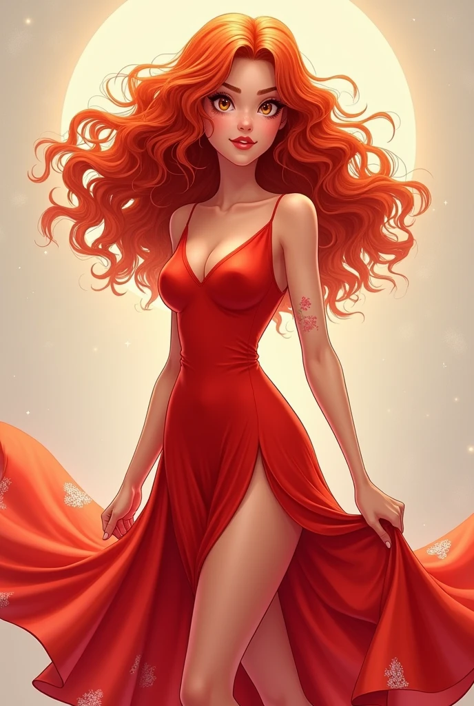Red-haired woman with long curly hair in her 20s wearing a red manga style dress