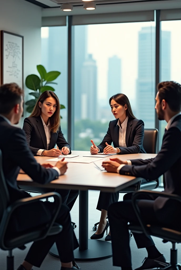Office of a company. There is a meeting table with chairs around it. Two women and two men discuss a business project